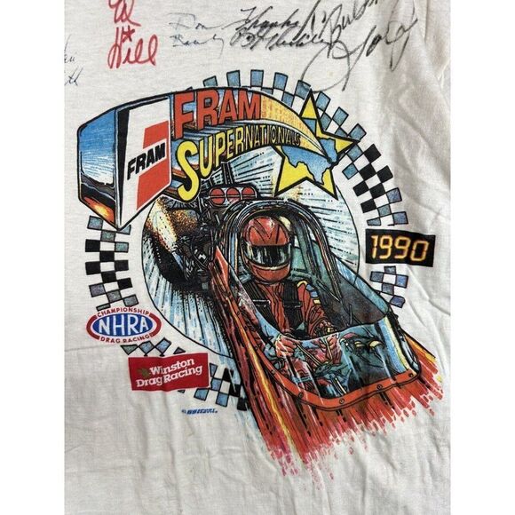 1990 NHRA Drag Racing‎ T SHIRT FRAM National w/Autos Distressed Brawny Tag Small - Picture 2 of 13